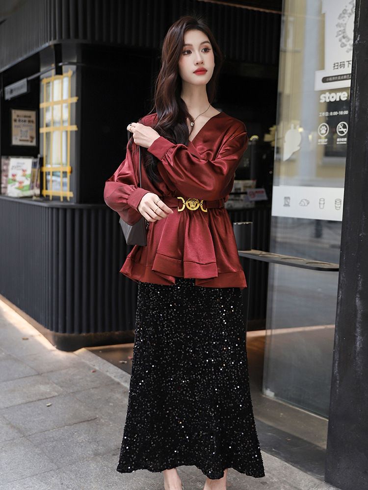 Elegant Pure Desire Ancora Red Satin Blouse With Belt Waist-Cinching French Light Lady Acetate Shirt_voghion.com
