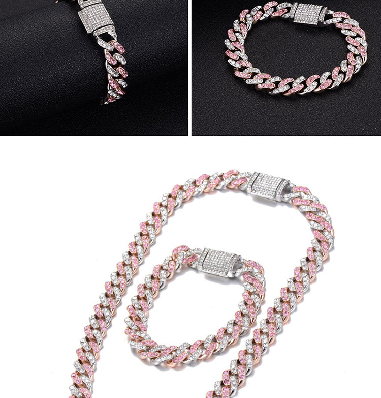 Men And Women's Jewelry Hip Hop Cuban Link Chain Necklace & Bracelet Set With Dual-Tone Crystals, Geometric Design, Adjustable Sizes_voghion.com