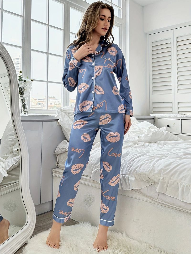 Luxury Blue Lip Print Silk Sleepwear Set - V-Neck Long Sleeve Pajamas For Women, Lightweight & Breathable, Home & Lounge Wear_voghion.com
