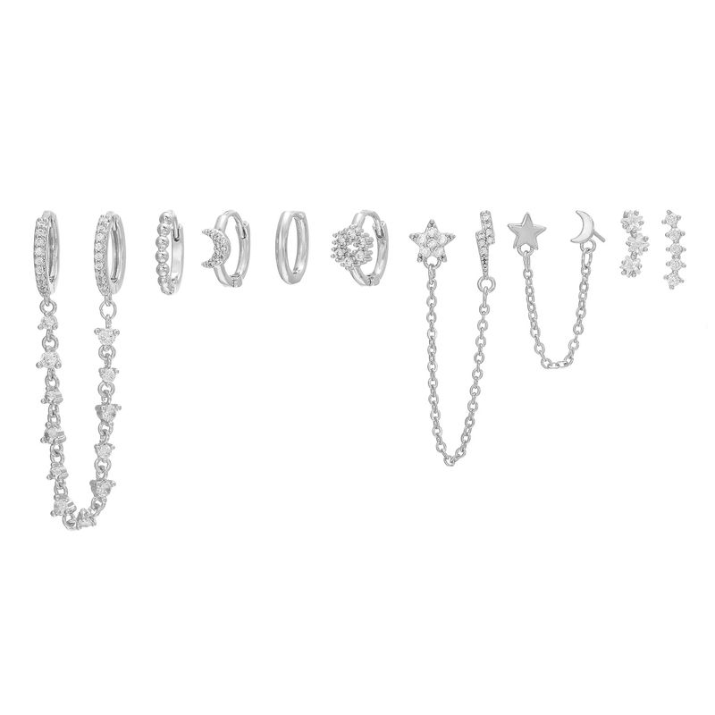 Star Moon Zircon Fashion Personality Tassel Chain Set Hoop Earrings For Women_voghion.com