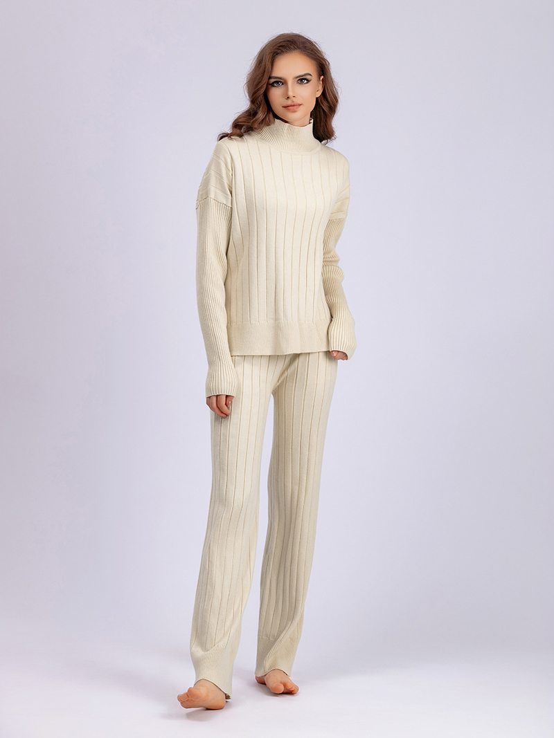 Damen-Pit-Strip-Halb-Rollkragenpullover-Set, einfarbig, lockerer, warmer Bezug, die ersten beiden Sets_voghion.com