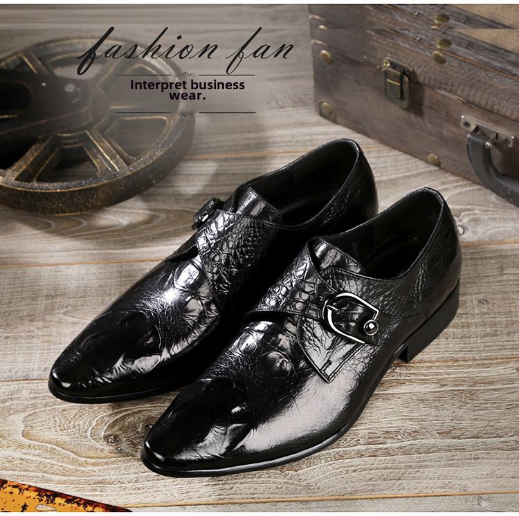 Sapatos formais de couro com estampa de crocodilo para homens com primeira camada de couro bovino em relevo inglês fivela monge Lumenke sapatos_voghion.com