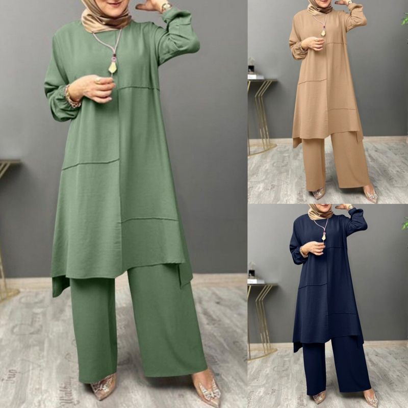 Abbigliamento da donna Musulmano Abbigliamento sportivo urbano da donna Completo due pezzi Elegante camicia a maniche lunghe Moda ampia Pantaloni a gamba larga Completo_voghion.com