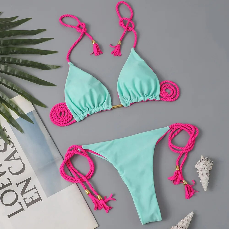 Swimwear Patchwork Thong Bikini Set Swimsuits Sexy Bikinis Triangle Bandage Female Clothing Beachwear Beach Vacation_voghion.com
