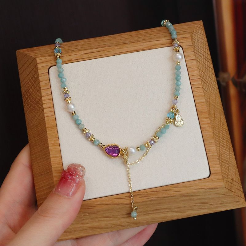 Women's Ins-Style Jewelry Set: Natural Tianhe Stone Beaded Pearl Collarbone Chain + Amethyst Niche Pendant Necklace + Ring Bracelet_voghion.com