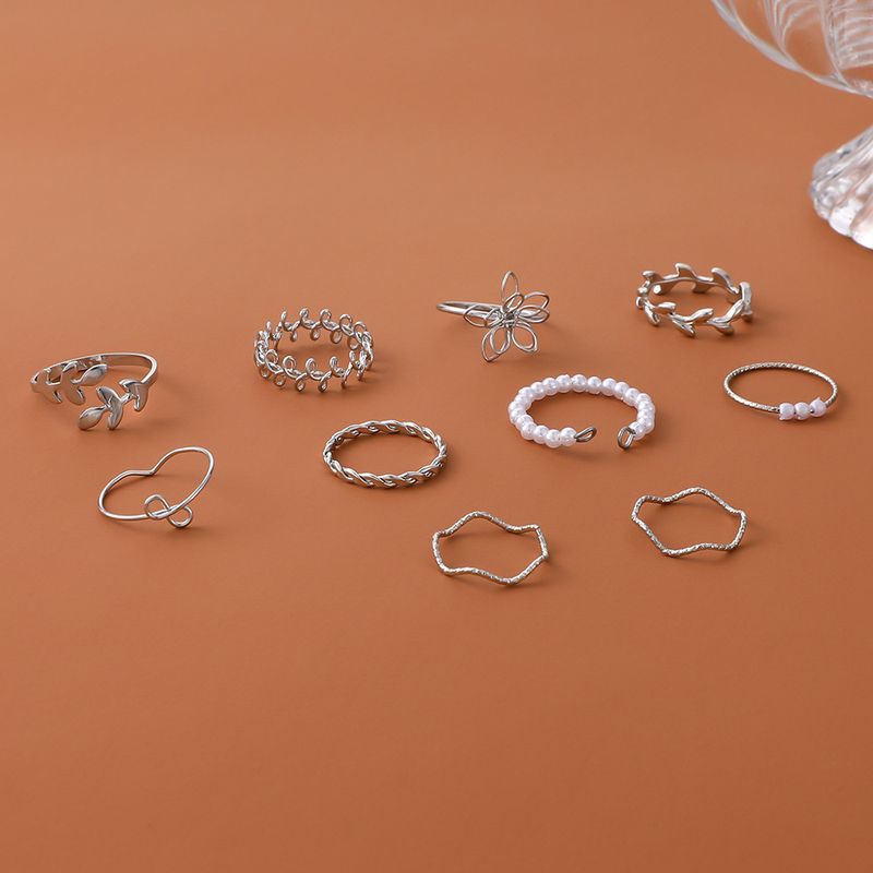 Nieuwe combinatie mode blad bloem parel holle 10-delige set ring_voghion.com