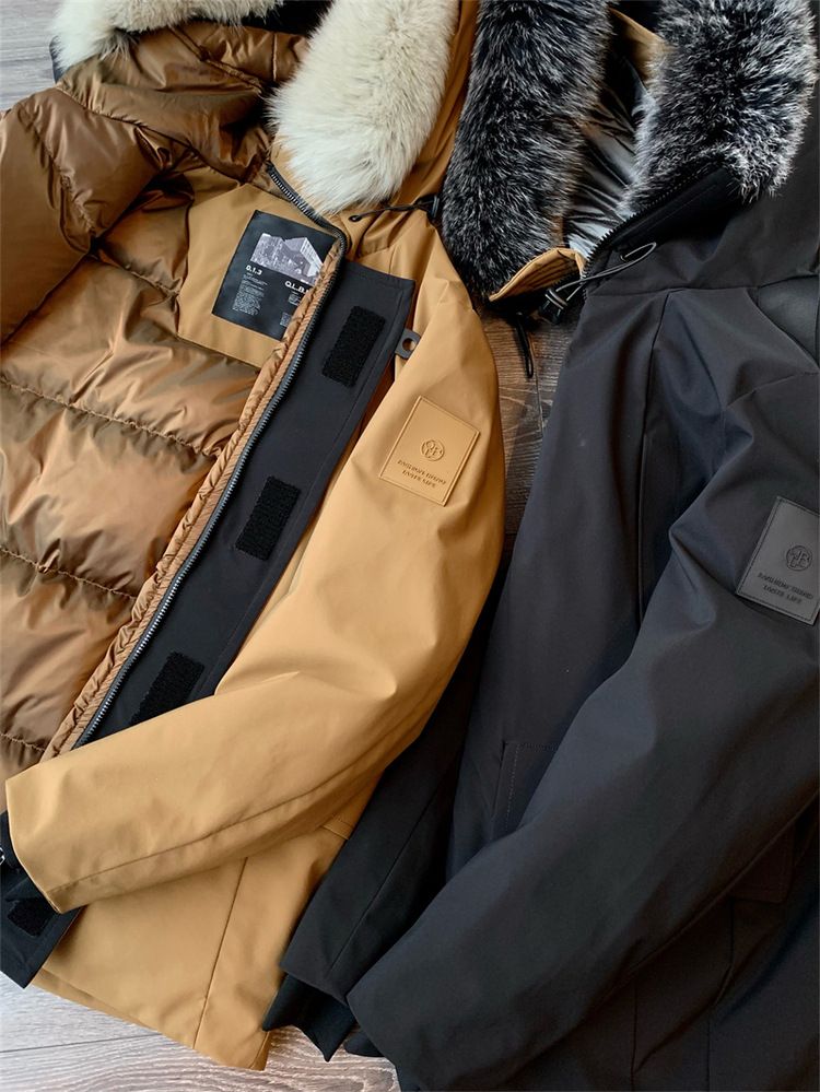 Negozio di abbigliamento maschile 2K+ 90 giacca in seta e cotone con cappuccio in pelliccia di volpe invernale da uomo, calda e spessa, tinta unita, casual_voghion.com