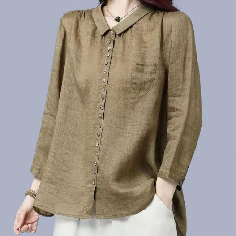Camisa de manga larga suelta informal de color sólido de algodón y lino de otoño 2024 para mujer_voghion.com