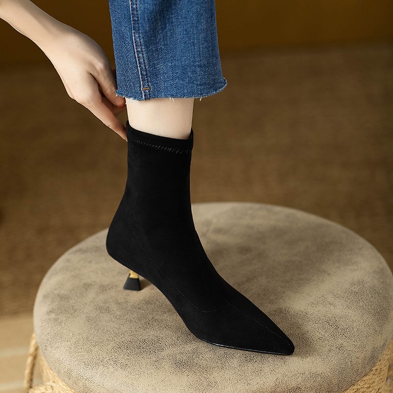 2023 French Style Kitten Heel Booties Women's New Suede Pointed Toe Stretch Thin Work Clothing Stiletto Mid-Heel Ankle_voghion.com