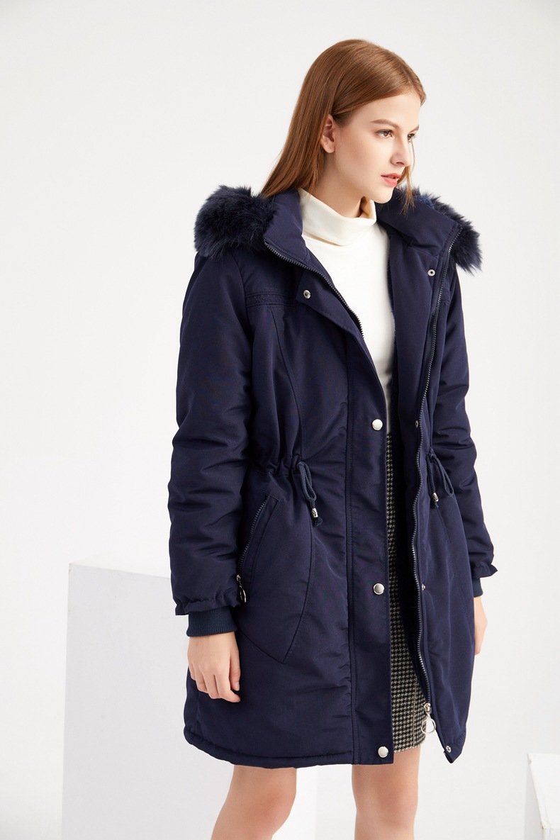 high-end women's cotton fleece mid-length black large size hooded cotton jacket warm fleece coat_voghion.com