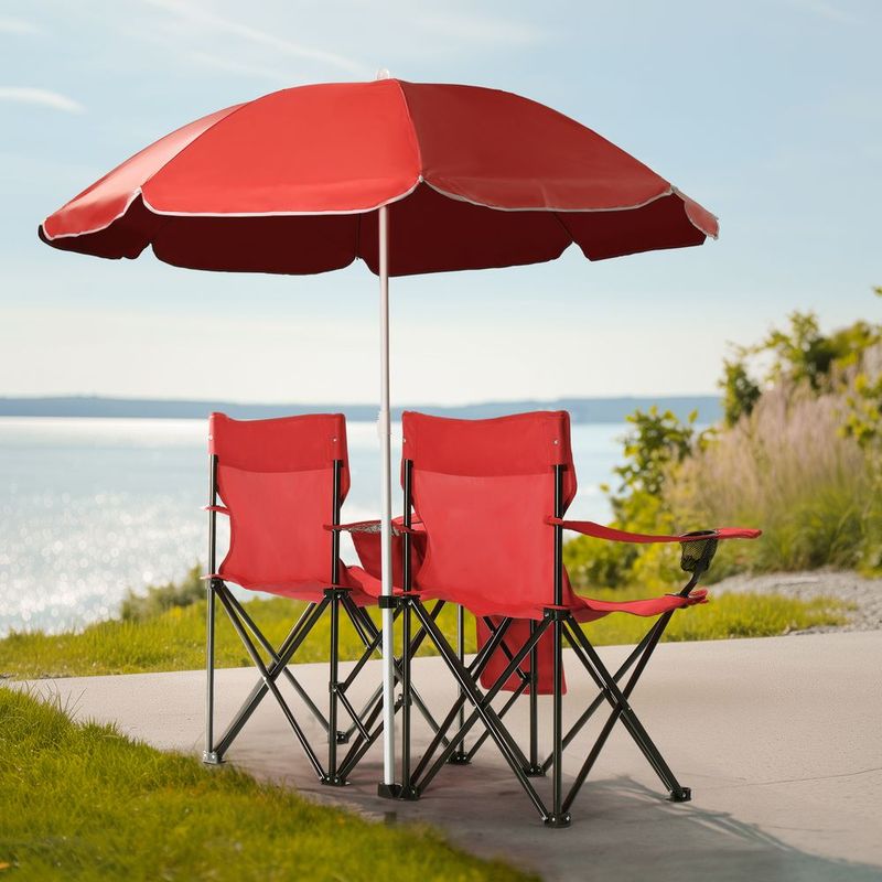 Portable Folding Picnic Double Chair With Umbrella, Table & Cooler – Beach Camping Chair, Red/Gray Palm Tree Design, Black Pineapple Pattern – Perfect For Outdoor Patio & Picnic_voghion.com