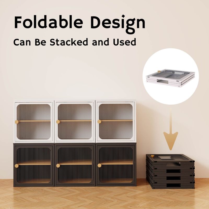 Single Sturdy & Convenient Foldable Cabinet, Durable Steel-Wood Combo With Anti-Slip Design & Quick Fold & Install, Easy To DIY Storage Container With Door, Black_voghion.com