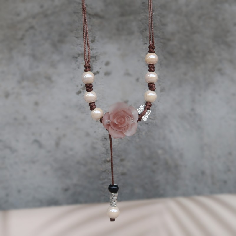 Collana lunga in ceramica etnica reale per donna con ciondolo antico in stile cinese a forma di farfalla_voghion.com