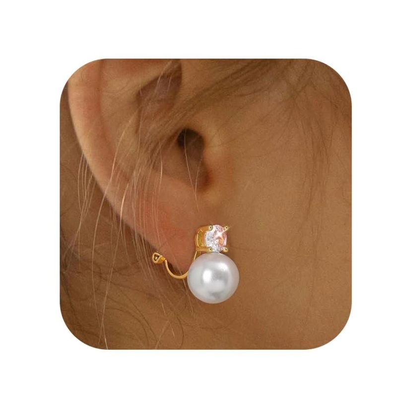 Heißer Verkauf Reales Gold Messing Galvanik Französisch Retro Temperament Große Perle Einzelne Zirkon Ohr Clip Ohrringe_voghion.com