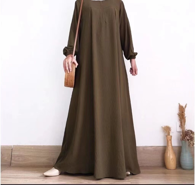 Abito da donna con scollo rotondo, manica lunga, cerniera, tinta unita, gonna lunga musulmana_voghion.com