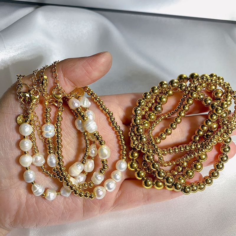Bracelet polyvalent en acier inoxydable avec perles rondes pour femme, perles d'eau douce naturelles_voghion.com