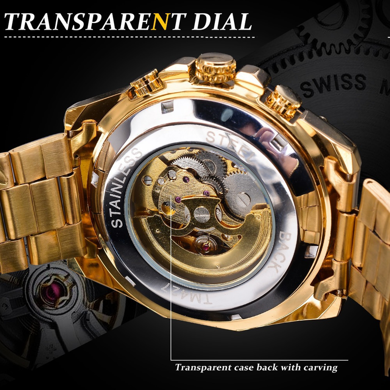 Orologio meccanico automatico scheletrato alla moda da uomo Winner con design cavo, cinturino in acciaio inossidabile, quadrante da 46 mm, movimento meccanico automatico_voghion.com