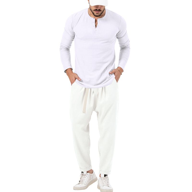 Men's solid color casual long-sleeved Henry T-shirt pantsuit_voghion.com