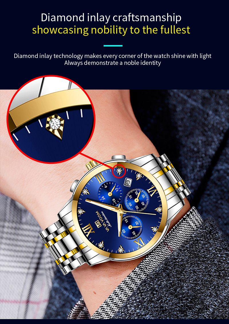 VA VOOM Brand New 2712 Steel Strip Blue Face Fashionable Business Waterproof Watch_voghion.com