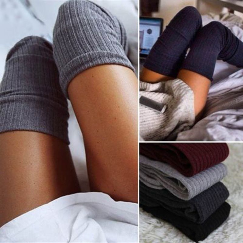 2025d Autumn Winter Solid Color Long Over-the-Knee Slouch For Women Fashion Versatile Knitted Wool Socks_voghion.com