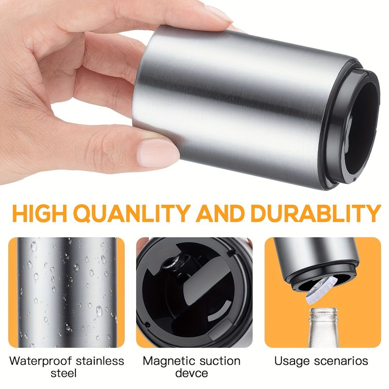 Premium-Bierflaschenöffner aus Edelstahl, automatischer magnetischer Drucköffner für Zuhause, Picknick, Camping, Bars, Partys, einfach zu verwenden, Silber_voghion.com