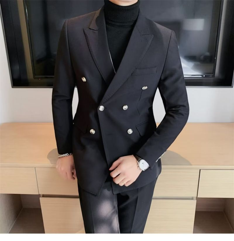 Dubbelrijs Casual Pak Jas Voor Heren Blazers Lente Herfst High-end Brits Zakelijk Trendy Afslankend Glad Silhouet_voghion.com