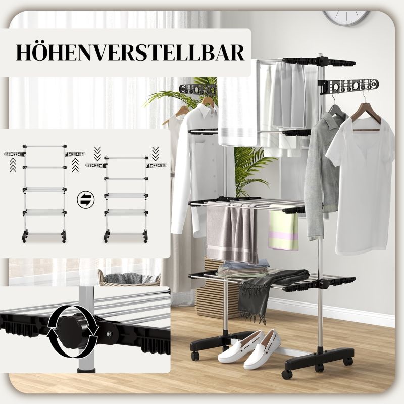 Wäscheständer 5 piezas, Klappbar, sistema One-Klick, 142x55x172 cm, negro-plata_voghion.com