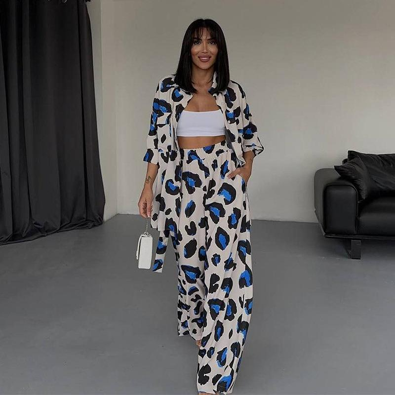 Ensemble deux pièces décontracté pour femme, chemise à manches longues et pantalon large, design imprimé, nouvelle collection automne 2025_voghion.com