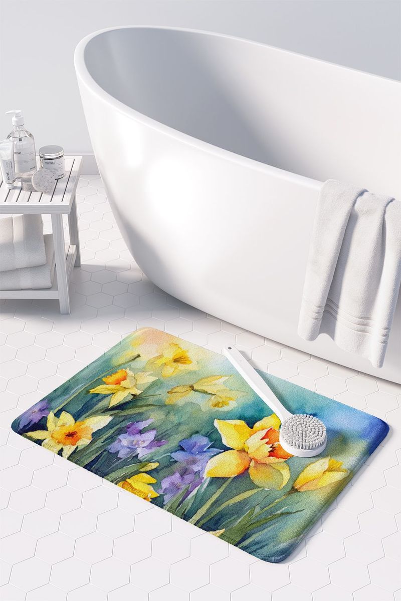 Daffodils In Watercolor Memory Foam Kitchen Mat Machine Washable Anti-Fatigue Mat Cushion Comfort Bath Mat Or Kitchen Rug_voghion.com