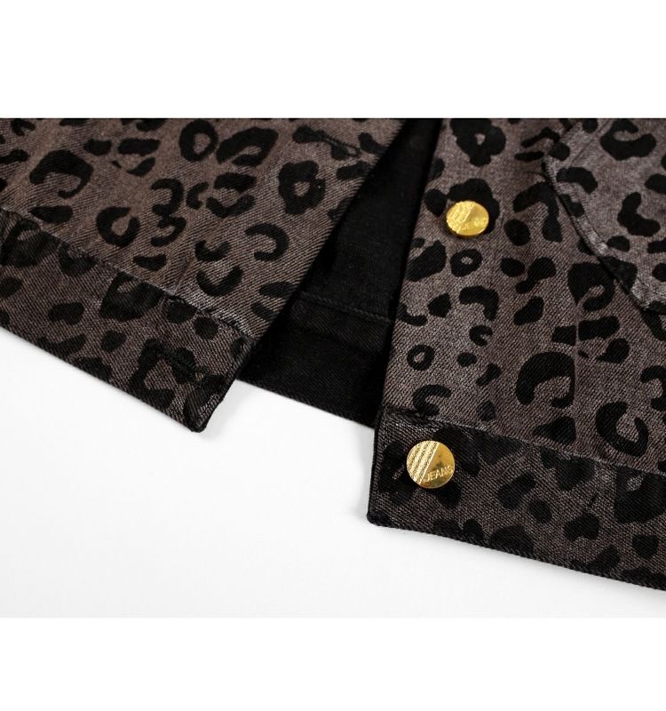 Giacca corta in denim con stampa leopardata sfumata da donna, design casual ampio, per primavera e autunno, top alla moda_voghion.com