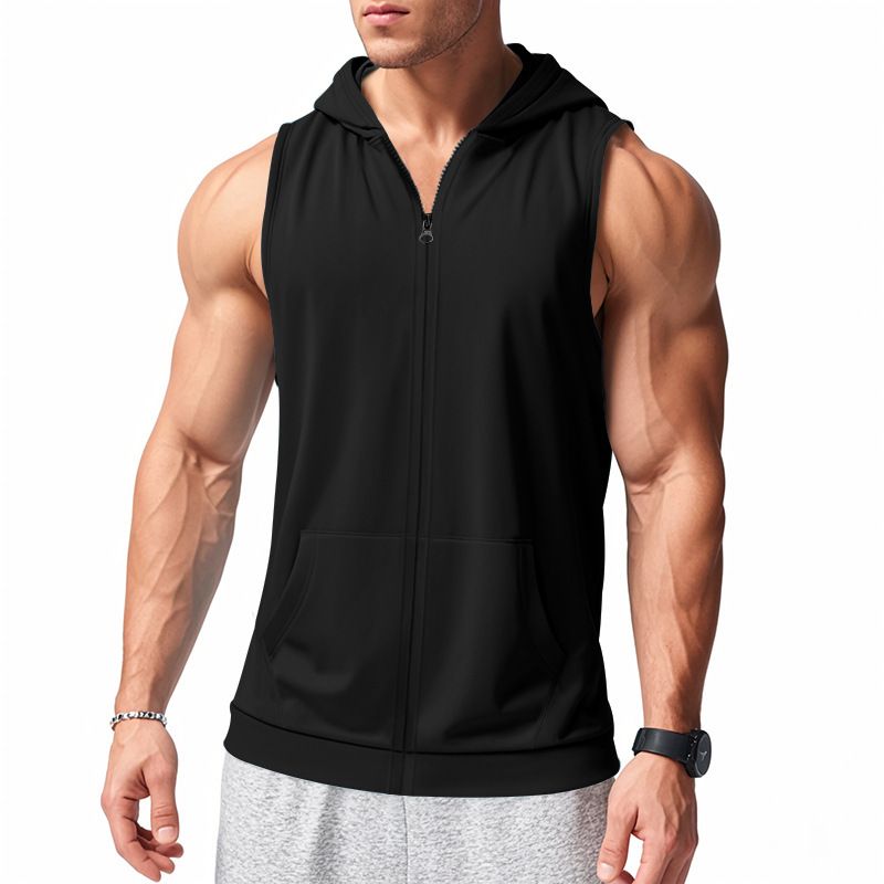 Herren Sommer Unterhemd mit Kapuze Sport Fitness Training Reißverschluss Strickjacke Ärmellose Weste Tops_voghion.com