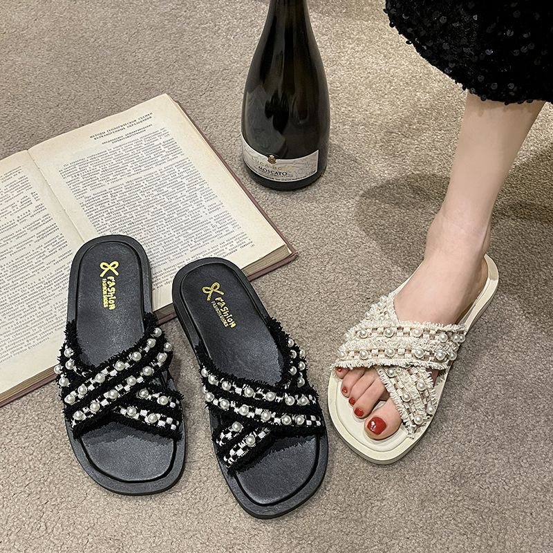 Pearl Flat Slippers 35-43 Size Large Size Girl Summer Outerwear Cross-Border Flip-flop Beach Sandals Cross-border Delivery_voghion.com