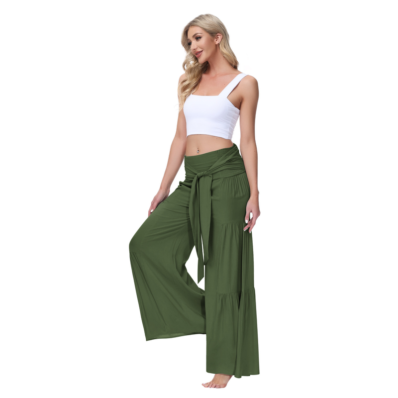 Damen-Pendelhose mit weitem Bein und hoher Taille, leicht ausgestellten Trägern, drapierter Freizeithose_voghion.com