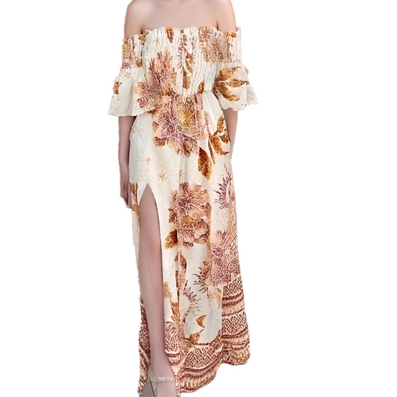 Robe élégante imprimée à épaules dénudées et fente, collection automne 2025, fusion de mode européenne et américaine._voghion.com