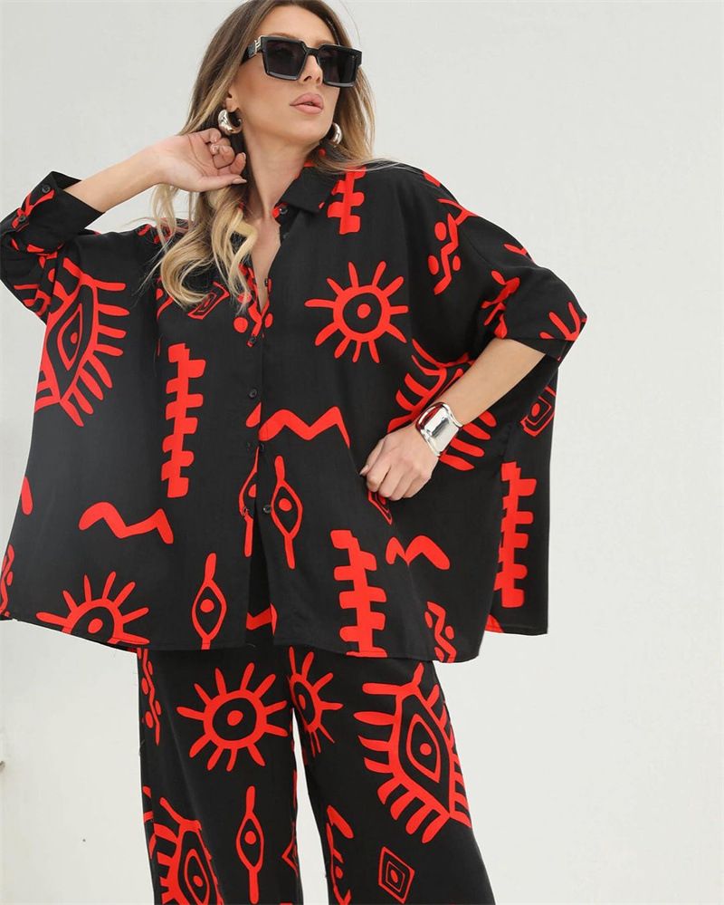 Abbigliamento da donna spot abbigliamento da donna 2024 nuova moda top larghi stampati con lacci pantaloni a vita alta gamba larga set due pezzi_voghion.com