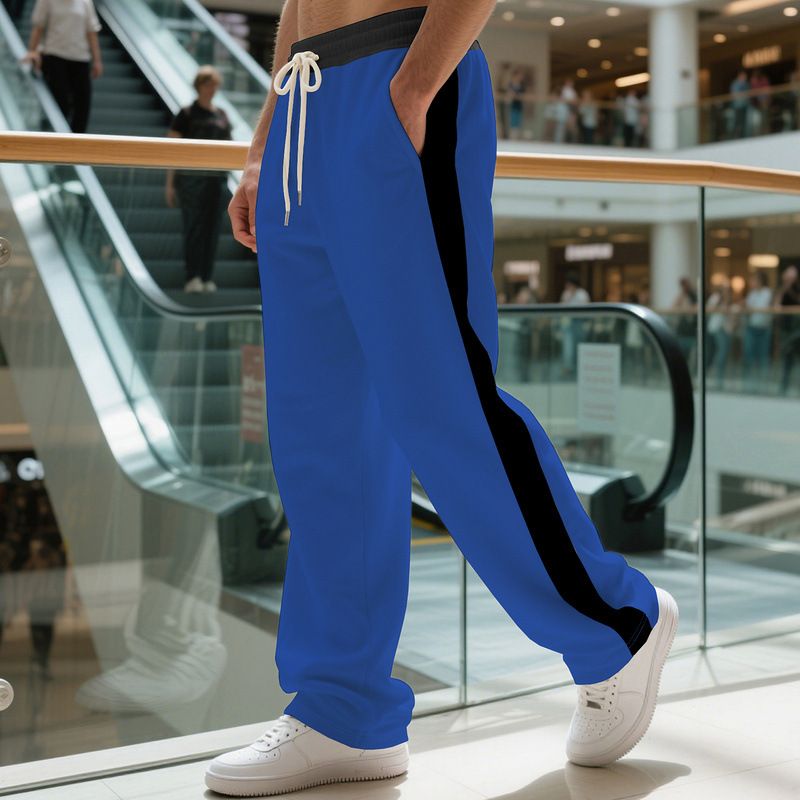 Autumn Winter American Style Men's Terry Drawstring Straight Loose Color-Block Casual Sports Sweatpants_voghion.com