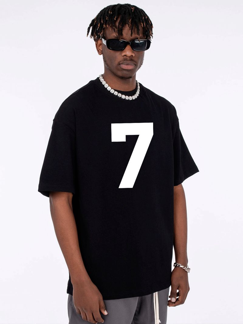 vêtements pour hommes Heavy Xinjiang Cotton Numéro 7 Imprimé Américain Petit Col T-shirt à Manches Courtes pour Hommes et Femmes High Street Lâche Demi-Manches_voghion.com