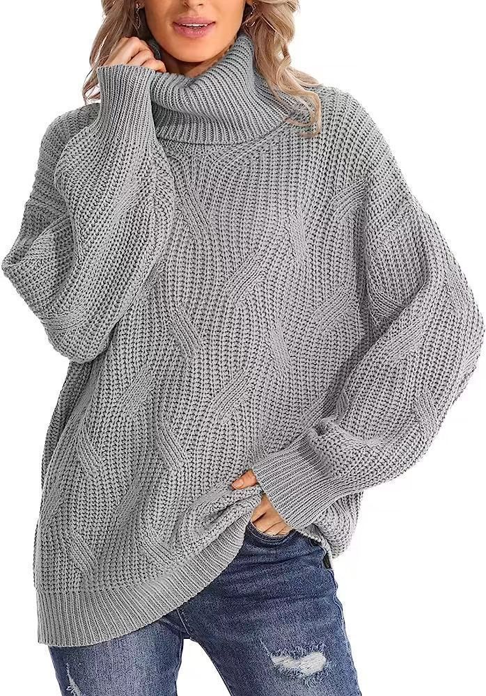 Women's Oversized High-Neck Cable Knit Sweater - Elegant Batwing Sleeve Pullover For Autumn & Winter, Soft & Breathable In 10 Versatile Colors_voghion.com