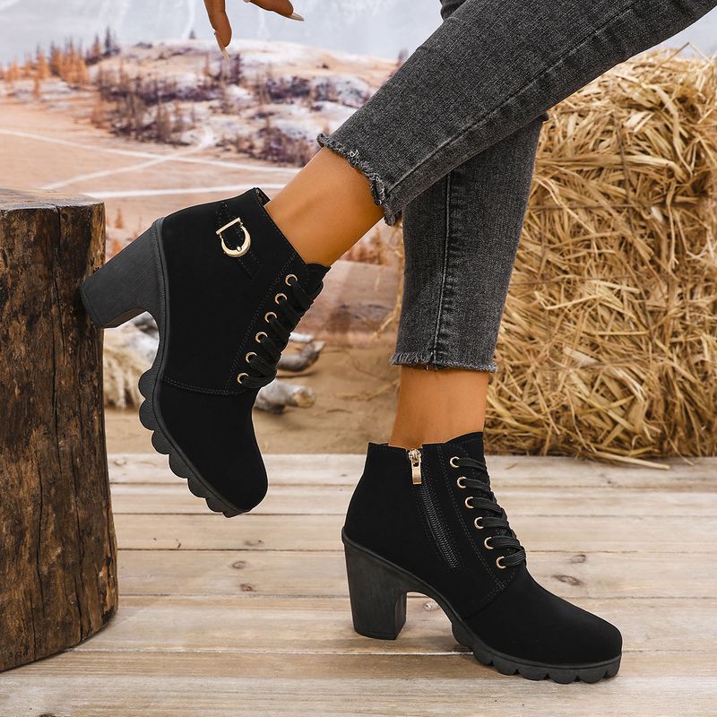 Autumn New Coarse High Heel Casual Women s Belt Buckle Decorative Short Round Head Martin Boots_voghion.com