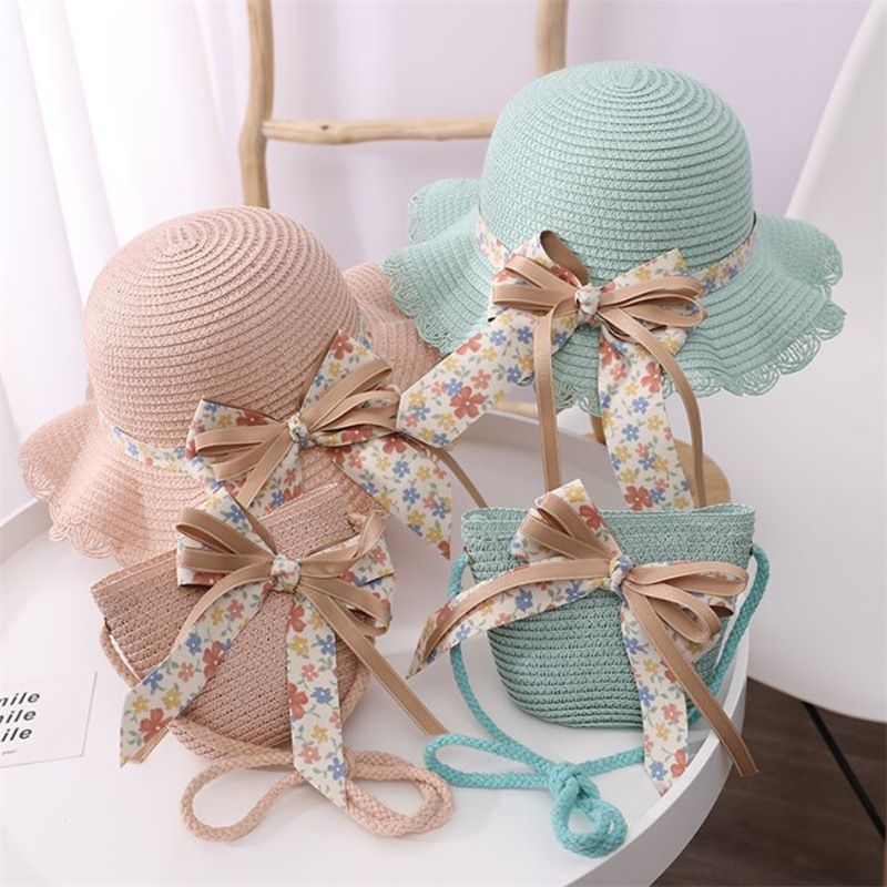 Cappelli di paglia da pescatore pieghevoli da spiaggia per bambini, protezione solare estiva da donna e set di borse_voghion.com
