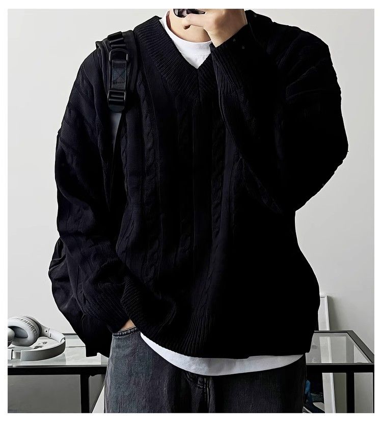 Maglione marrone a trecce con scollo a V per uomo, maglione casual autunnale Melad, maglietta Lazy Base_voghion.com