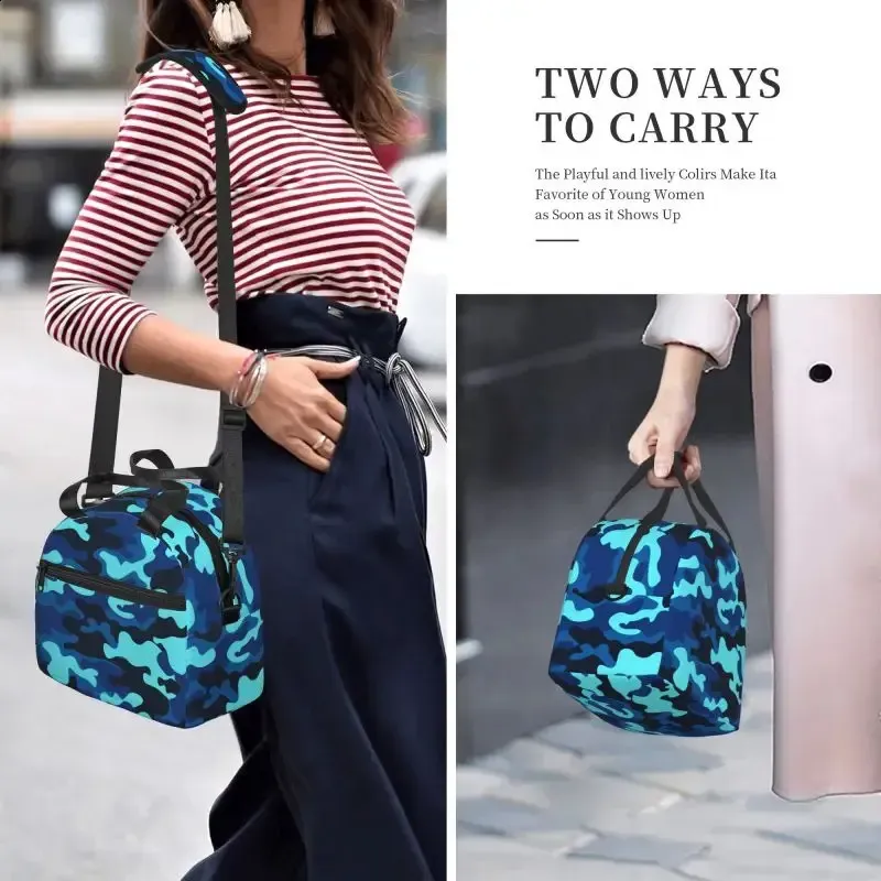 Sac à déjeuner isotherme réutilisable à motif camouflage bleu, résistant à la chaleur, sac à main pour le travail, l'école, les voyages, les pique-niques_voghion.com