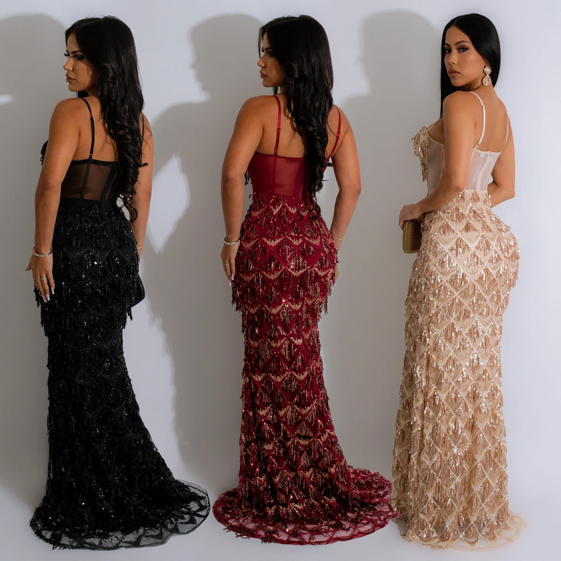 Women's Solid Color Sequin Sexy Suspender Long Skirt Dress_voghion.com