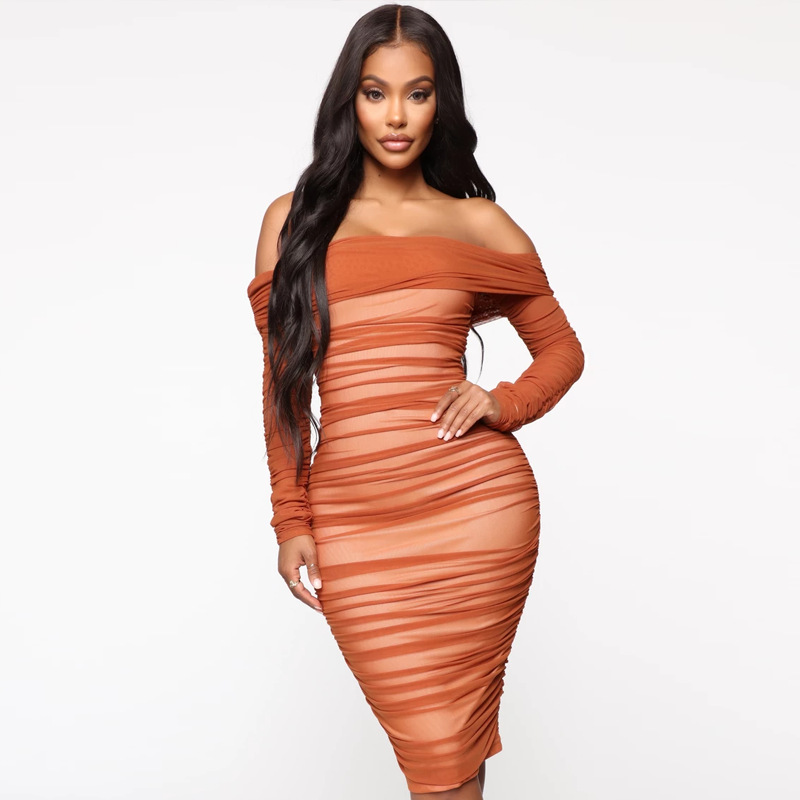 Women's mesh mesh one-piece collar long-sleeved pleated dress_voghion.com