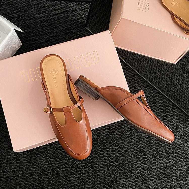 Flat Bottomed 2025 Summer New Baotou Slippers Soft Leather Women's Shoes With Thick Heels And A Straight Strap For_voghion.com