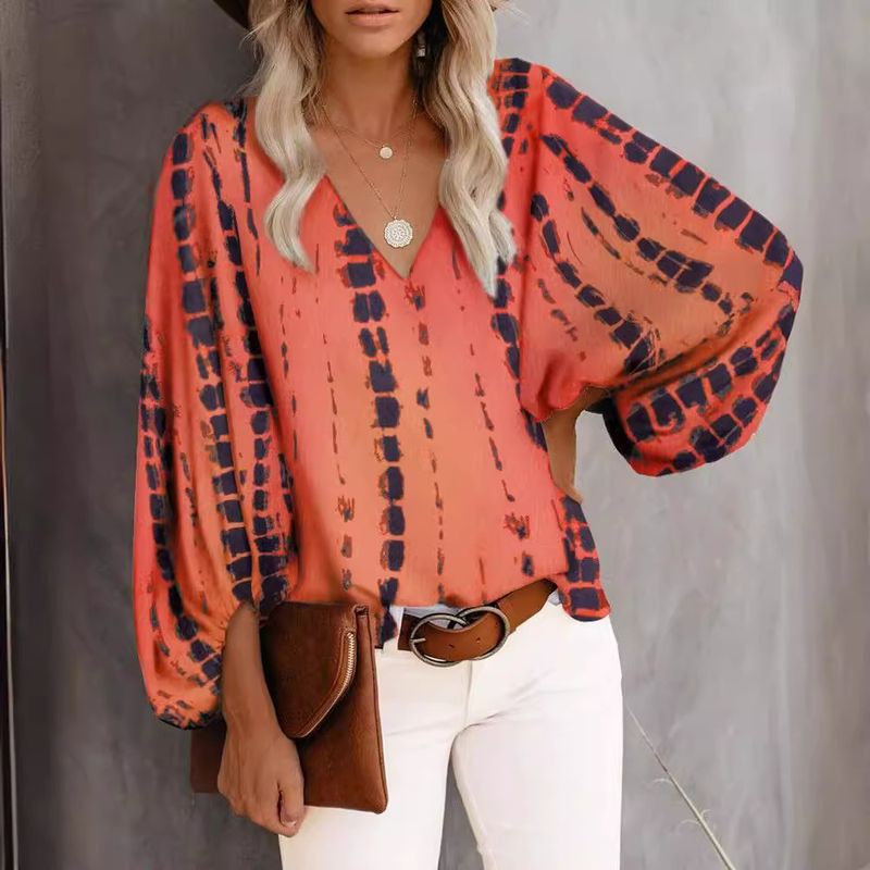 2025 neue Frühling Sommer Herbst V-Ausschnitt Casual Shirt gedruckt Laterne Ärmel Top Damenbekleidung_voghion.com