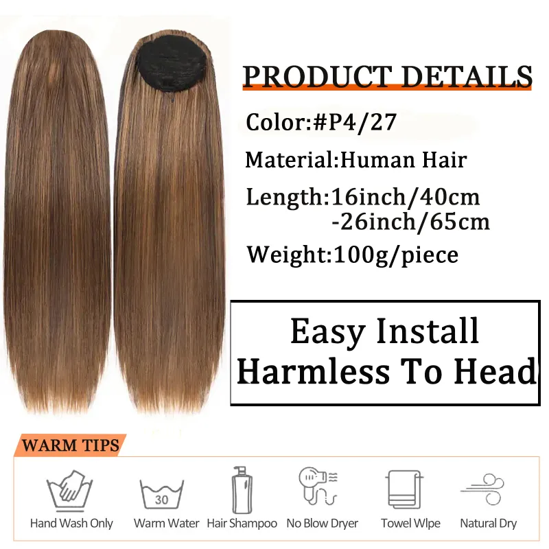 P4/27 Coda di cavallo liscia con coulisse, 100 g, 16-26 pollici, capelli umani brasiliani Remy, ciuffi spessi in extension per donne_voghion.com