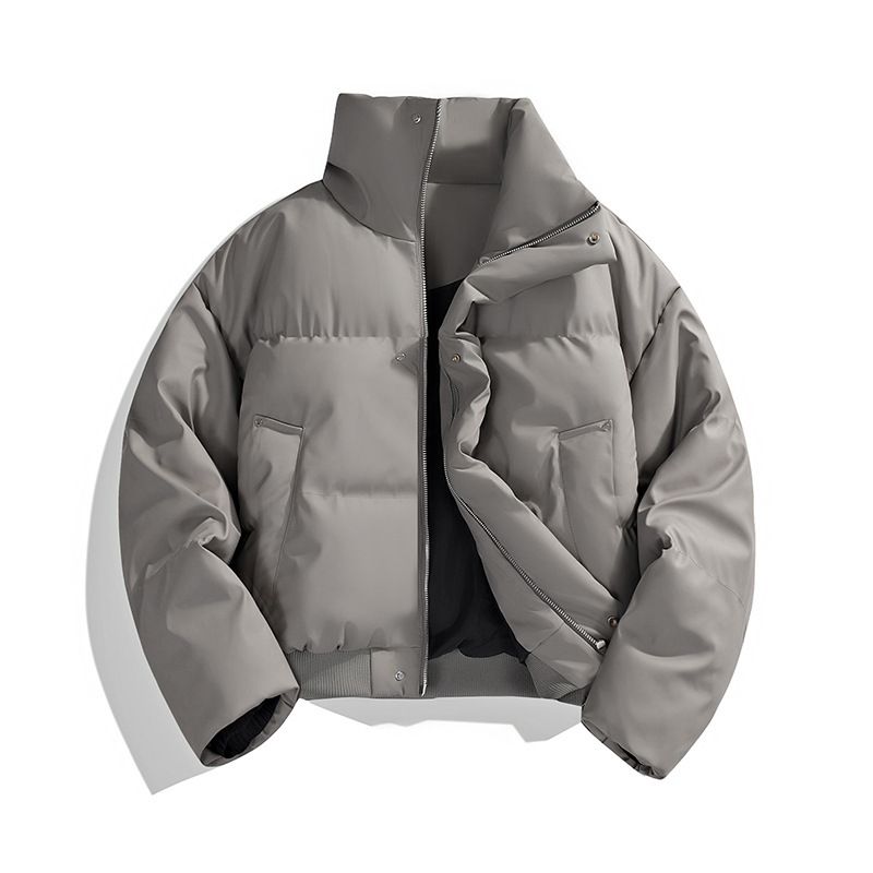 Unisex Winter Solid Color Thickened Cotton Coat Stand Collar Men's Puffer Jacket_voghion.com