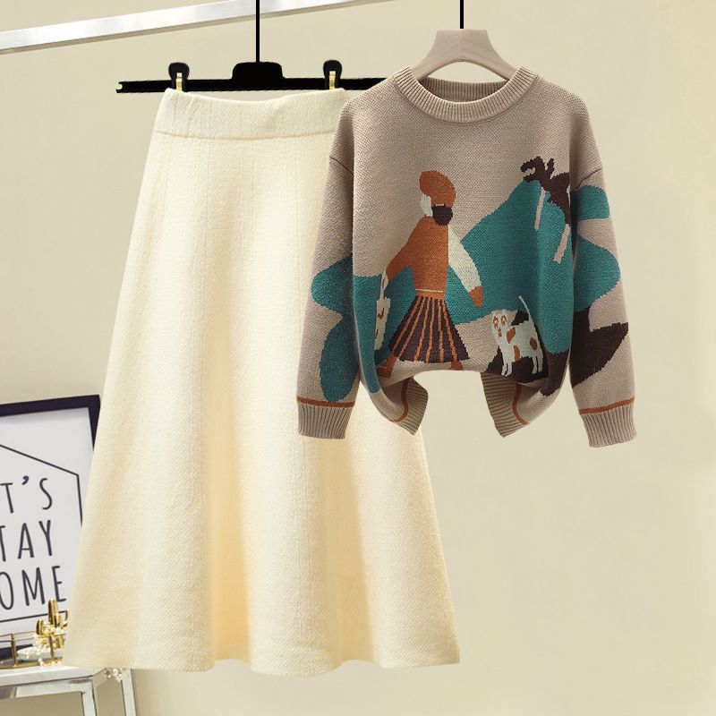 Damenbekleidung Neue große Größe Pullover Strickpullover Frauen Slim All Match Kleid Zweiteiliger Anzug_voghion.com