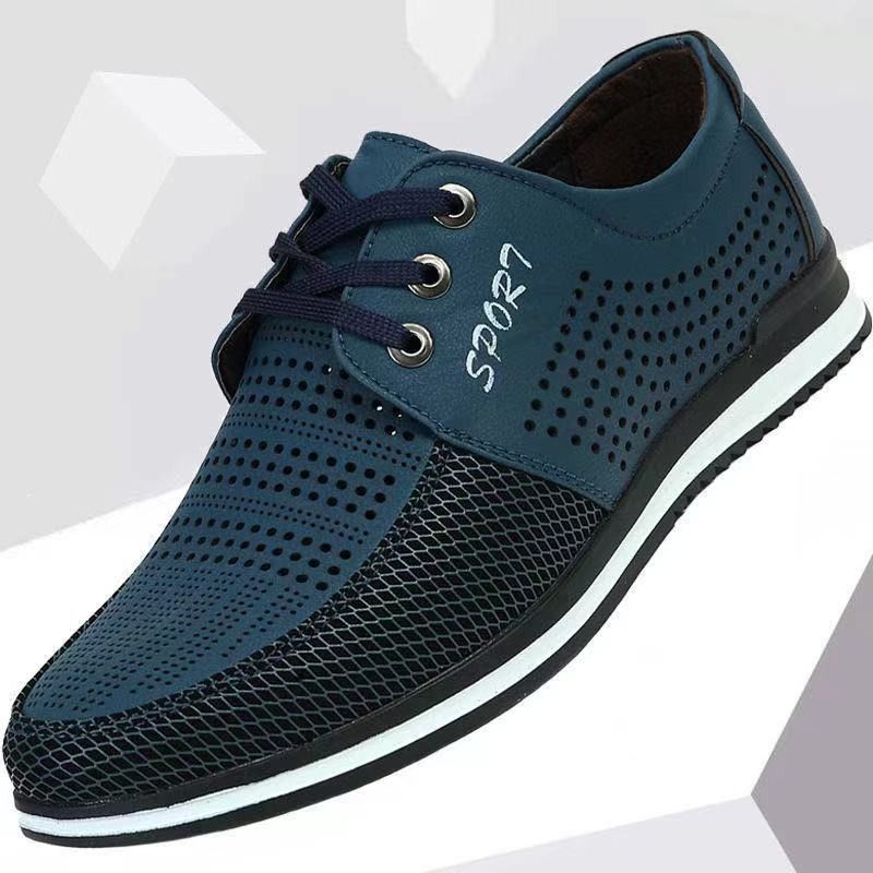 Euro Step Herren Atmungsaktive Casual Leder Jugend Schnürschuhe Hohl Mesh Sommer Runde Zehen Britische Business Dad Schuhe_voghion.com
